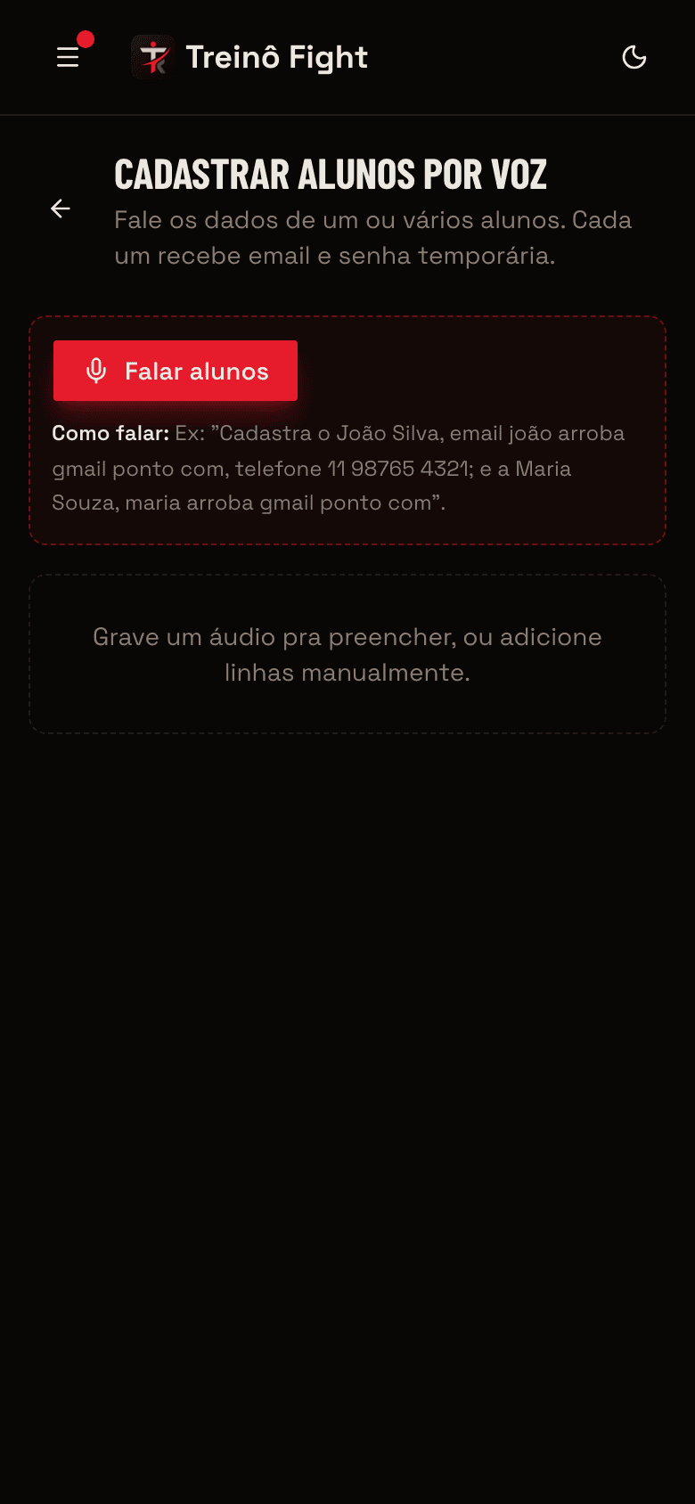 Tela de cadastro de alunos por voz no Treinô Fight